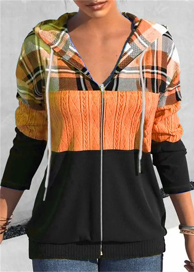 Women's Zipper Cardigan Hooded Plaid Printed Sweater Orange - Shop at LoveMi