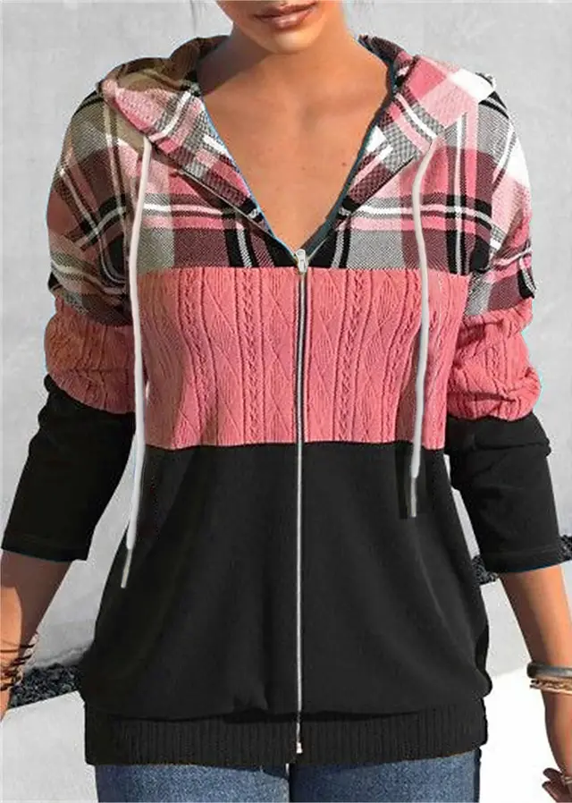 Women's Zipper Cardigan Hooded Plaid Printed Sweater Pink - Shop at LoveMi
