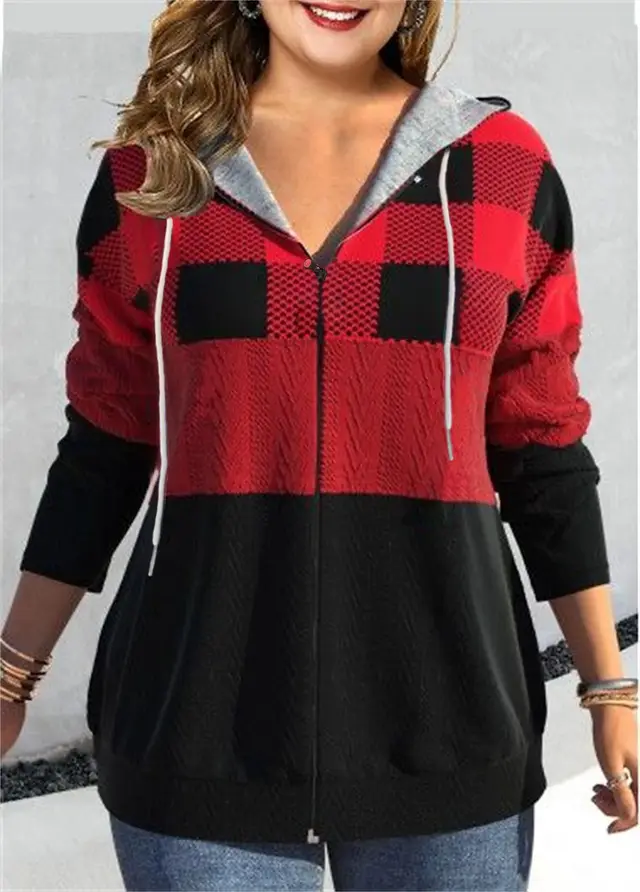 Women's Zipper Cardigan Hooded Plaid Printed Sweater Red - Shop at LoveMi