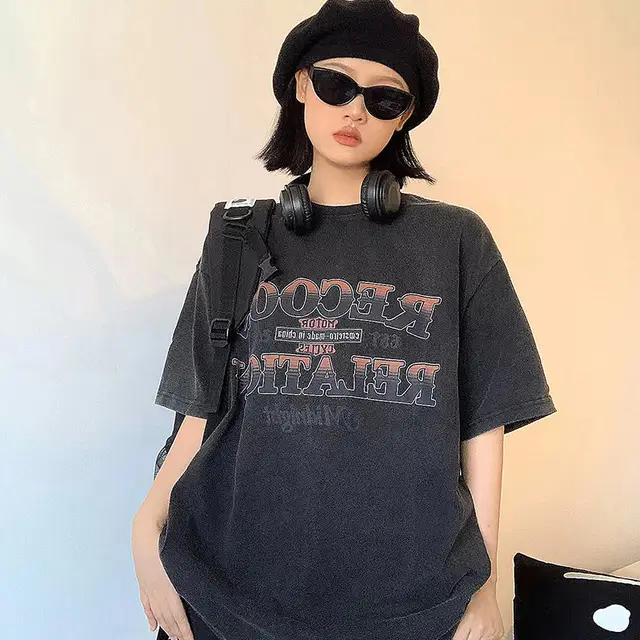 Retro Washed Linen Cotton Letter Print Short sleeve T shirt Retro Black - Shop at LoveMi