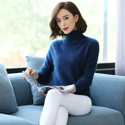 Turtleneck Pullover Short Loose Cashmere Knitted Mink Velvet Bottoming Shirt Sweater Denim Blue - Shop at LoveMi