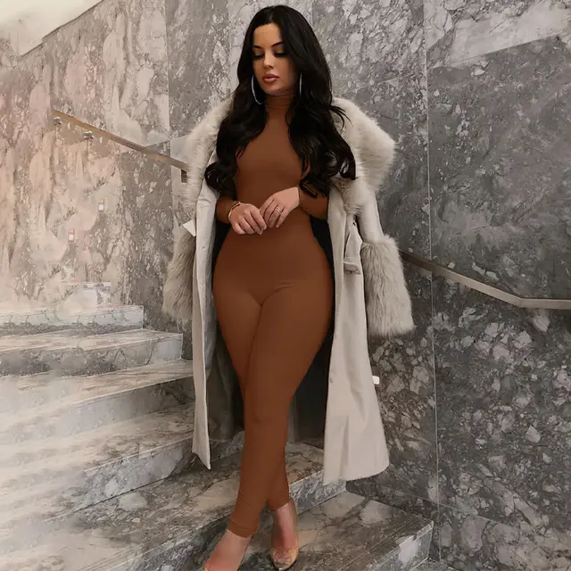 Autumn And Winter Solid Color Tight Long Sleeve Fleece lined Yoga Jumpsuit Brown - Shop at LoveMi