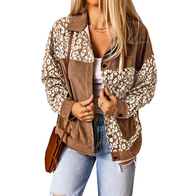 Women's Corduroy Jacket Leopard Splicing Jacket Brown - Shop at LoveMi