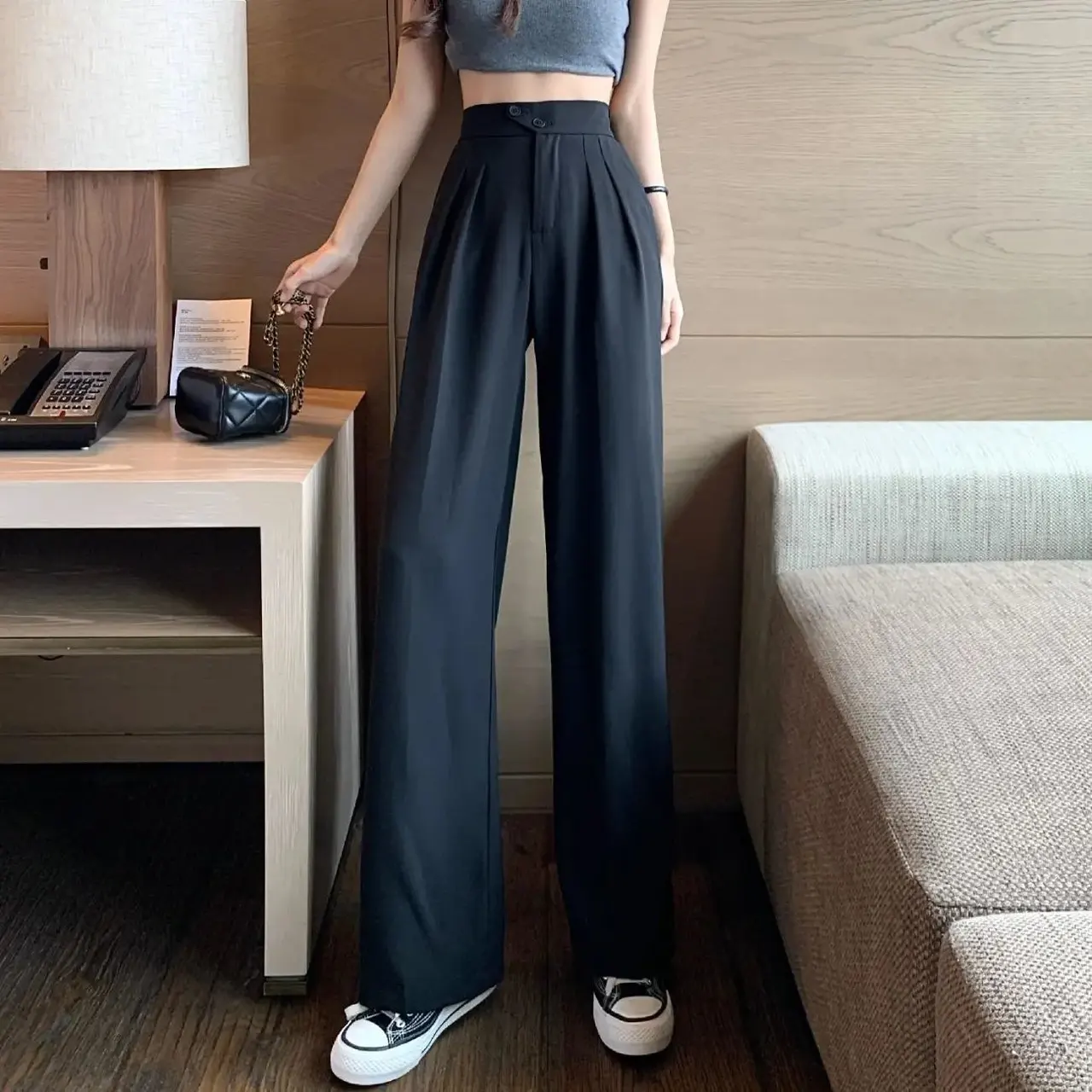 High Waist Covering Belly Thin Loose Drooping Casual Mopping Wide-leg Trousers - Black