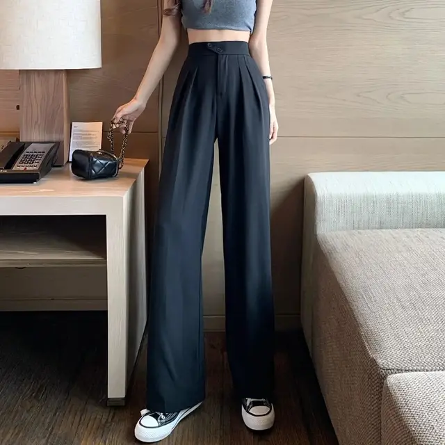 High Waist Covering Belly Thin Loose Drooping Casual Mopping Wide leg Trousers Black - Shop at LoveMi