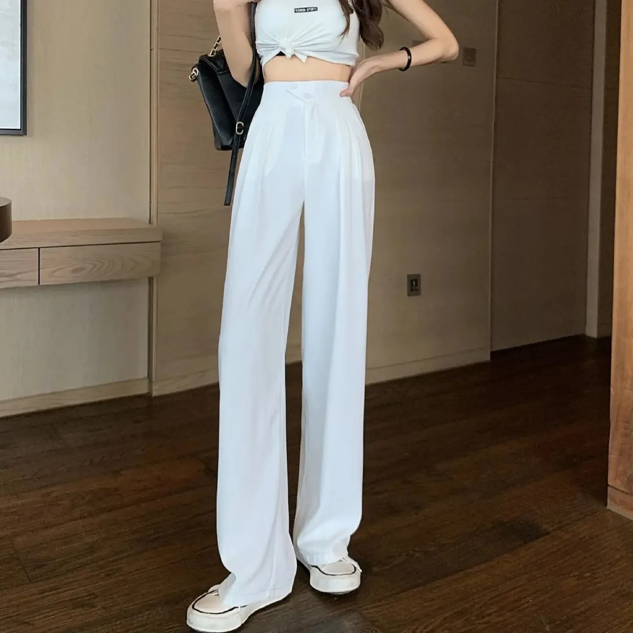 High Waist Covering Belly Thin Loose Drooping Casual Mopping Wide-leg Trousers - White