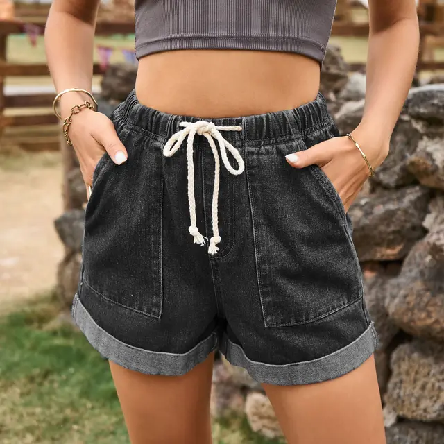 Tied Elastic Waist Curling Denim Shorts For Women Black And Gray - Shop at LoveMi