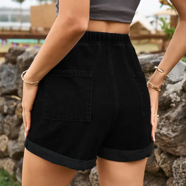 Tie Waist Rolled Hem Denim Shorts Black - Shop at LoveMi