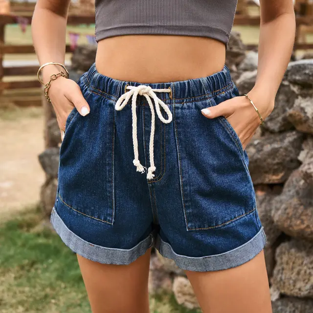 Tied Elastic Waist Curling Denim Shorts For Women Dark Blue - Shop at LoveMi