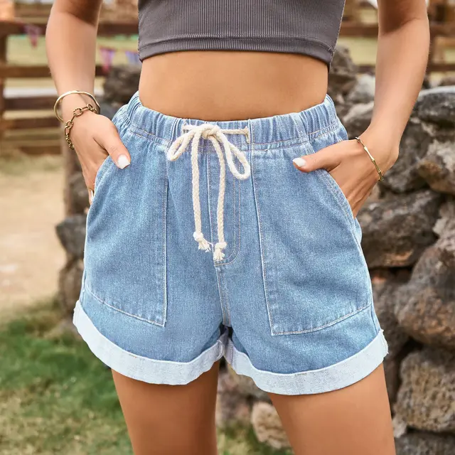 Tied Elastic Waist Curling Denim Shorts For Women Light Blue - Shop at LoveMi