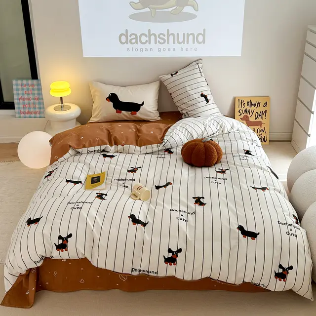 Cartoon Puppy Striped Four piece Cotton Bedding Set Flat Sheet - Shop at LoveMi