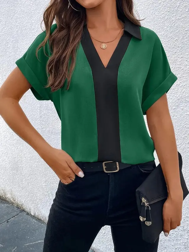 Contrast Color V neck Raglan Sleeve Lapel Loose Shirt Top Green - Shop at LoveMi