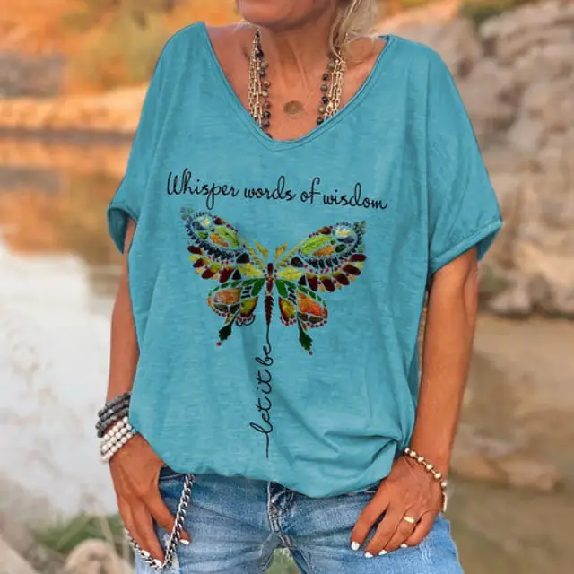 Loose Fashion V neck Cartoon Digital Printed T shirt Dzkh23330006 - Shop at LoveMi