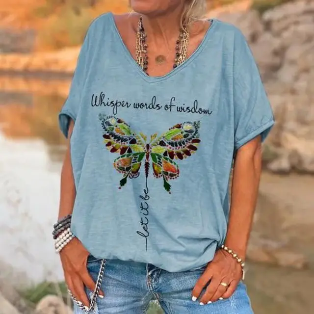 Loose Fashion V neck Cartoon Digital Printed T shirt Dzkh23330007 - Shop at LoveMi