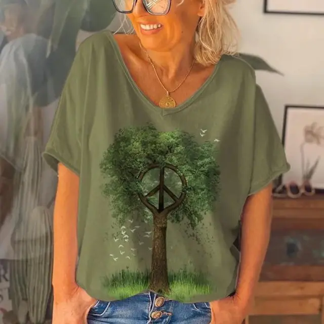 Loose Fashion V neck Cartoon Digital Printed T shirt Dzkh23330013 - Shop at LoveMi