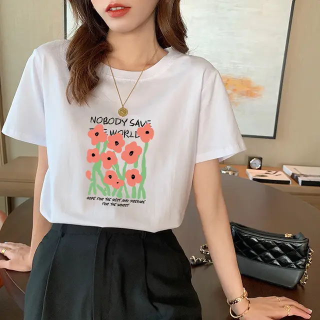 Women's Cotton Short sleeved T shirt Letter Flower - Shop at LoveMi
