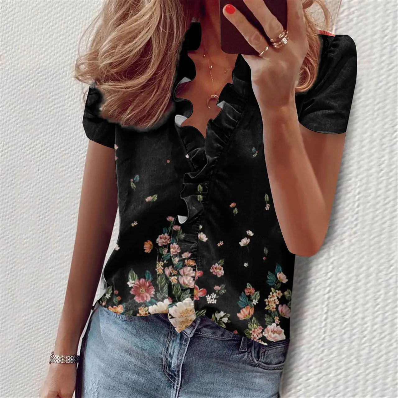 European And American Summer Ruffles Short Sleeve Slim Flower Print - Figure 4