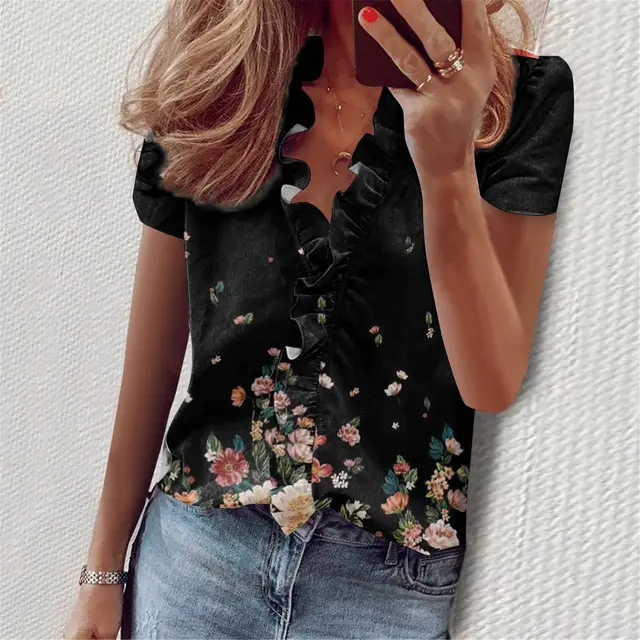 European And American Summer Ruffles Short Sleeve Slim Flower Print Figure 4 - Shop at LoveMi