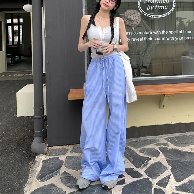 Blue Striped Casual Pants Women's Loose High Waist Striped Blue Trousers - Shop at LoveMi