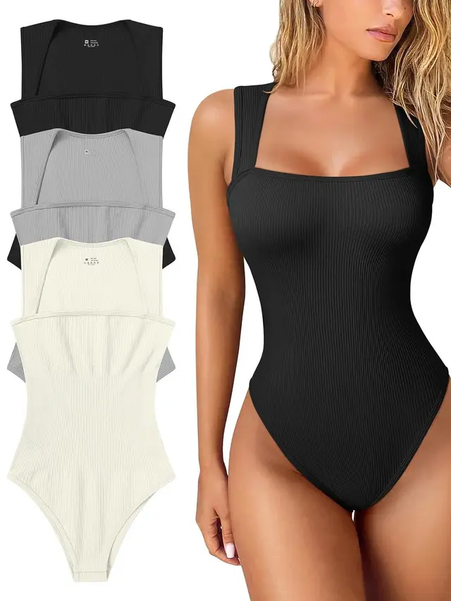 Thread Square Neck Jumpsuit Sleeveless Slim Fit Tank Top Summer Shapewear Beige Grey Black - Shop at LoveMi