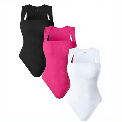 Thread Square Neck Jumpsuit Sleeveless Slim Fit Tank Top Summer Shapewear Pink - Shop at LoveMi