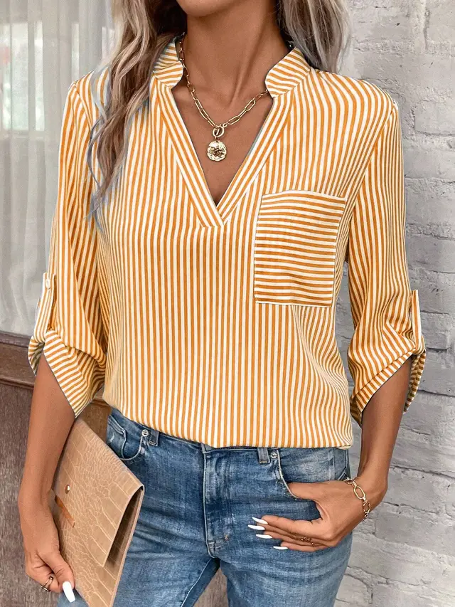 Women's V neck Pullover Striped Printed Long Sleeves Casual Shirt Ginger Yellow - Shop at LoveMi