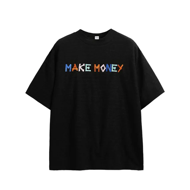 Contrast Color Texture Towel Cloth Embroidered T shirt Black - Shop at LoveMi