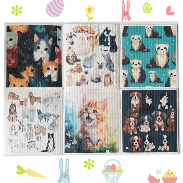 Household Wood Pulp Cotton Cleaning Cloth And Dishwashing Cute Pet Cat 6 Pieces - Shop at LoveMi