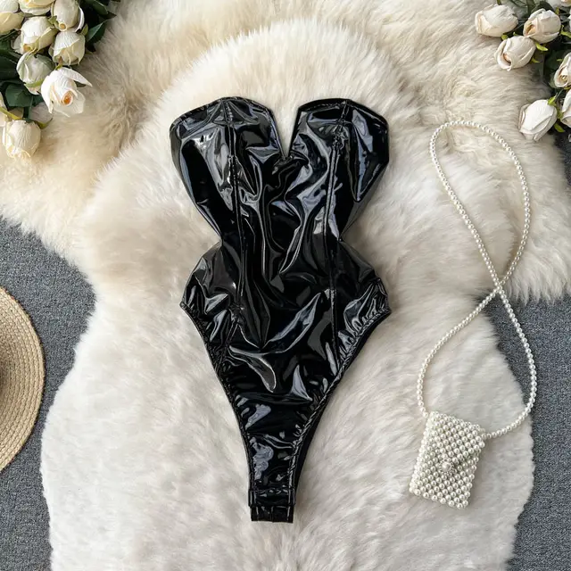 Spring And Autumn New V neck PU Leather High Fork Jumpsuit For Women Black - Shop at LoveMi