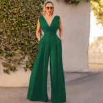 Solid Color And V-neck High Waist Wide Leg Jumpsuit - Green