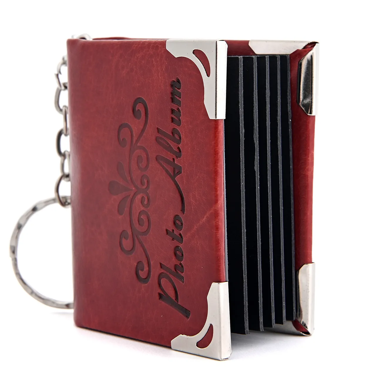 Mini Leather Photo Keychain Pendant - Dark Red With Words