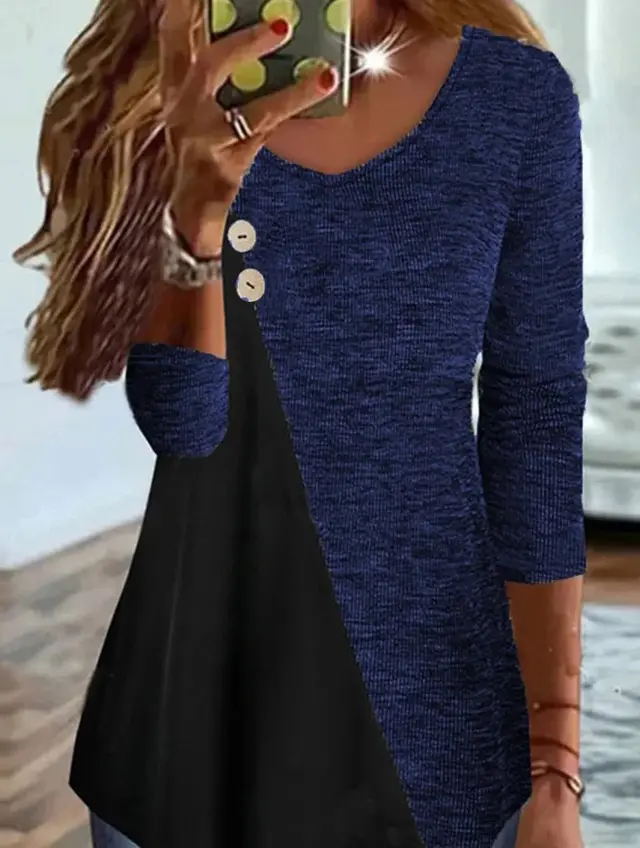 Women's Knitted Button Solid Color Long sleeved Top Blue - Shop at LoveMi