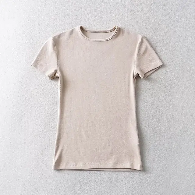 Women's Solid Color Round Neck Pullover Short Sleeve T shirt Beige - Shop at LoveMi
