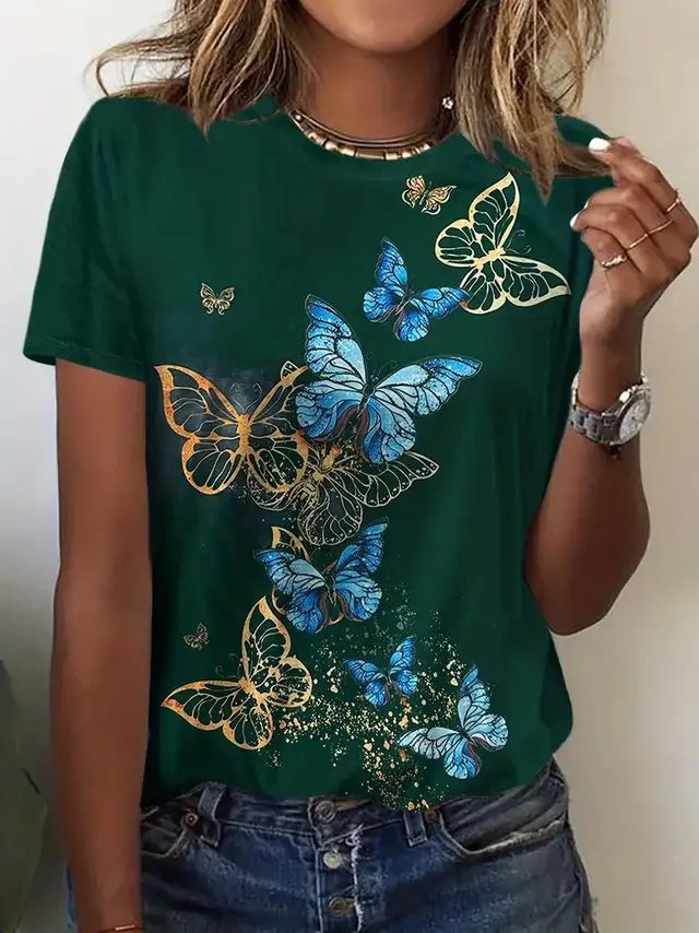 European And American Ladies Tie dye T shirt Butterfly Print Garden Collar Green - Shop at LoveMi