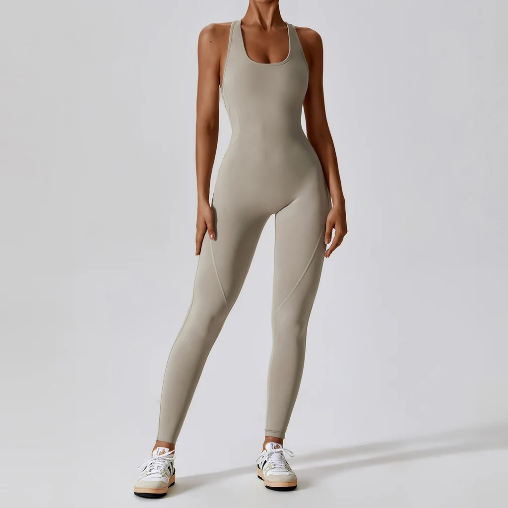 High Elastic One-piece Yoga Jumpsuit Women - Caramel Mocha