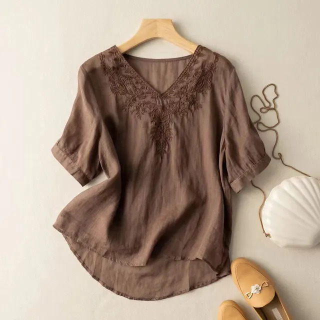 V neck Embroidery Loose Thin Slim Fit Slim Looking Large Size Women's Wear Shirt Brown - Shop at LoveMi