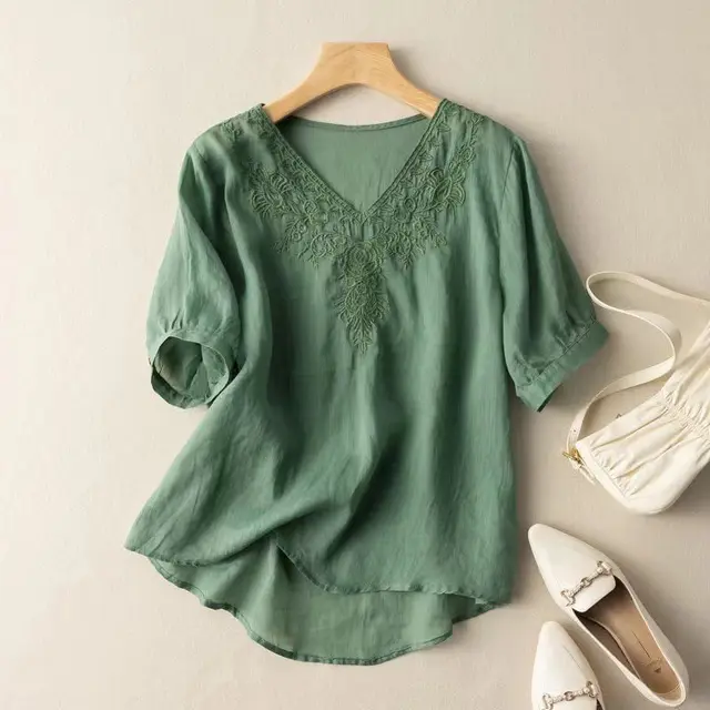 V neck Embroidery Loose Thin Slim Fit Slim Looking Large Size Women's Wear Shirt Green - Shop at LoveMi