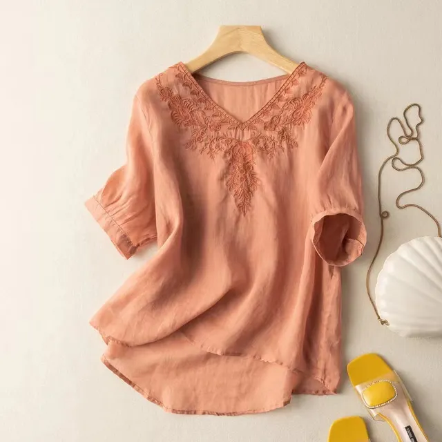 V neck Embroidery Loose Thin Slim Fit Slim Looking Large Size Women's Wear Shirt Orange - Shop at LoveMi