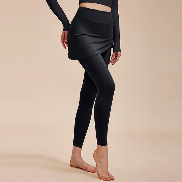 Short Skirt Design Yoga Pants Fake Two piece Anti exposure Butt covering Seamless High waisted Leggings For Dance Sports Fitness Pants Black - Shop at LoveMi