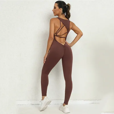Yoga Jumpsuit V shaped Back Design Sleeveless Fitness Running Sportswear Stretch Tights Pants For Womens Clothing Coffee - Shop at LoveMi