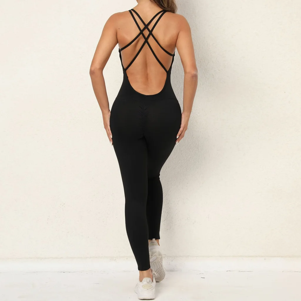 Yoga Jumpsuit With Cross strap Back Design Quick drying Tight fitting Running Sports Fitness Pants Fashion Seamless Leggings For Womens Clothing Black - Shop at LoveMi