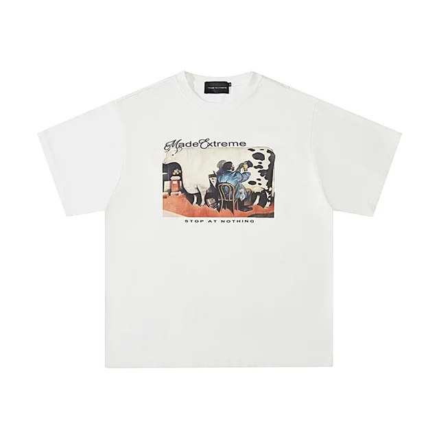 American Retro Distressed Painting Cow Short Sleeve White - Shop at LoveMi