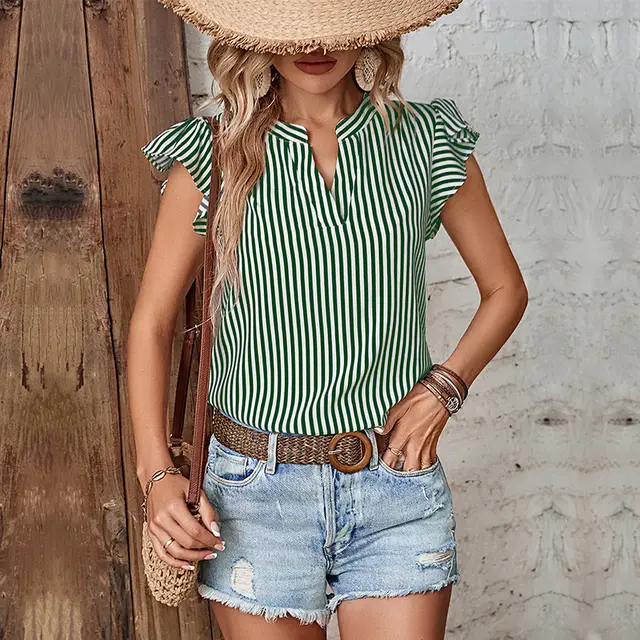 Summer Women's Casual V neck Striped Shirt Green - Shop at LoveMi