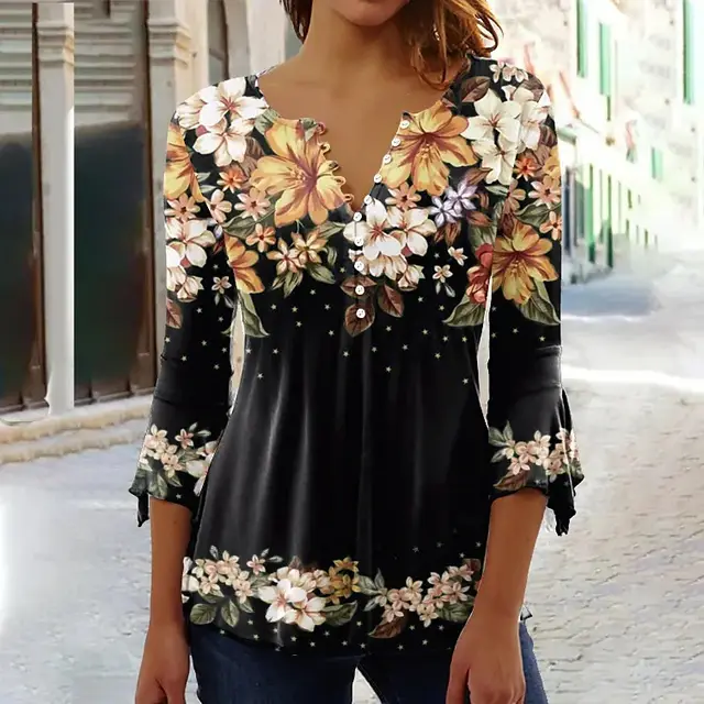 Fashion Flower Printed V neck Three quarter length sleeved T shirt Element 5 - Shop at LoveMi