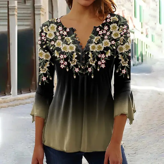 Fashion Flower Printed V neck Three quarter length sleeved T shirt Element 6 - Shop at LoveMi