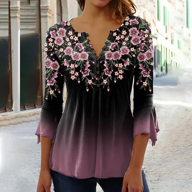 Fashion Flower Printed V neck Three quarter length sleeved T shirt Element 8 3Xl - Shop at LoveMi
