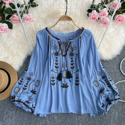 Embroidery Slimming Doll Top Female Round Neck Pullover Shirt Light Blue - Shop at LoveMi