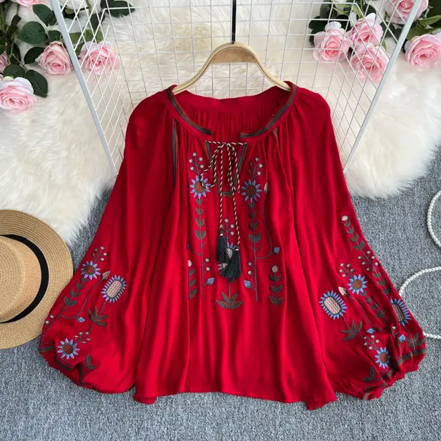 Embroidery Slimming Doll Top Female Round Neck Pullover Shirt Red - Shop at LoveMi