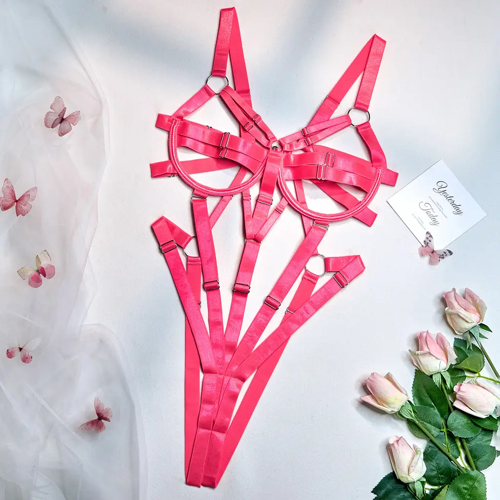 Gathering Minimalist Elastic Jumpsuit Lingerie And Sexy Suspender - Fluorescent Powder - View 1
