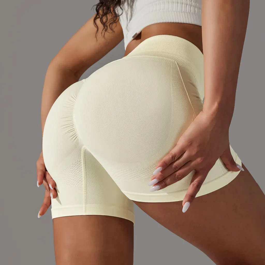 Seamless Tight Belly Trimming Hip High Elasticity Yoga Shorts - 6611 Shorts Milky White